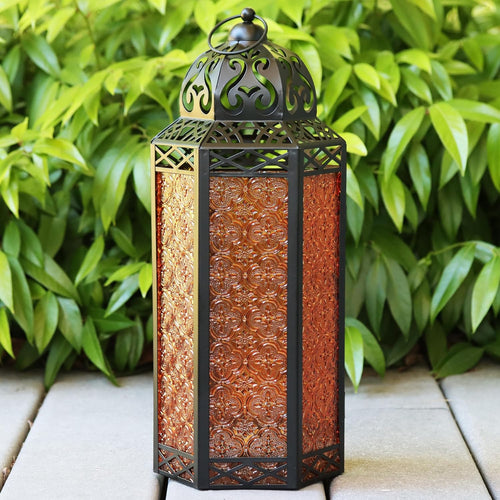 16" Extra Large Large Black Metal Decorative Floor Moroccan Lantern Candle Holder Lamp for Halloween - Indoor/Outdoor, Home Decor, Patio, Weddings, Ramadan Decor, Amber
