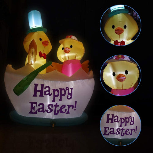 4.92FT Easter Decorations Easter Inflatable Decorations Two Chickens Riding Boat Inflatable LED Light Outdoor Indoor Easter Holiday Decorations